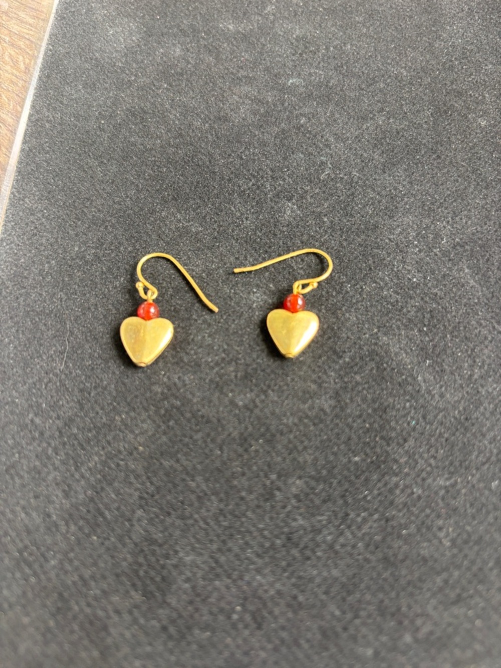 Gold Heart Drop Earrings with Red Bead